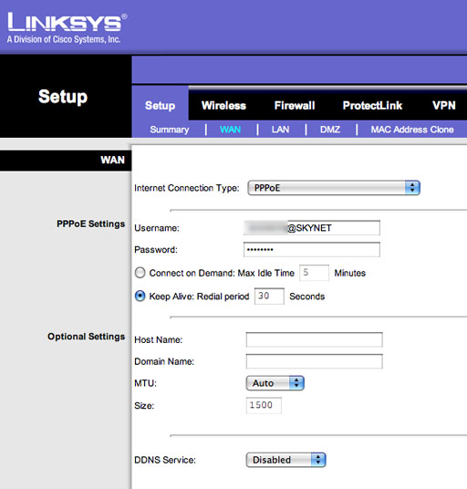 Cisco Linksys PPPoE setup